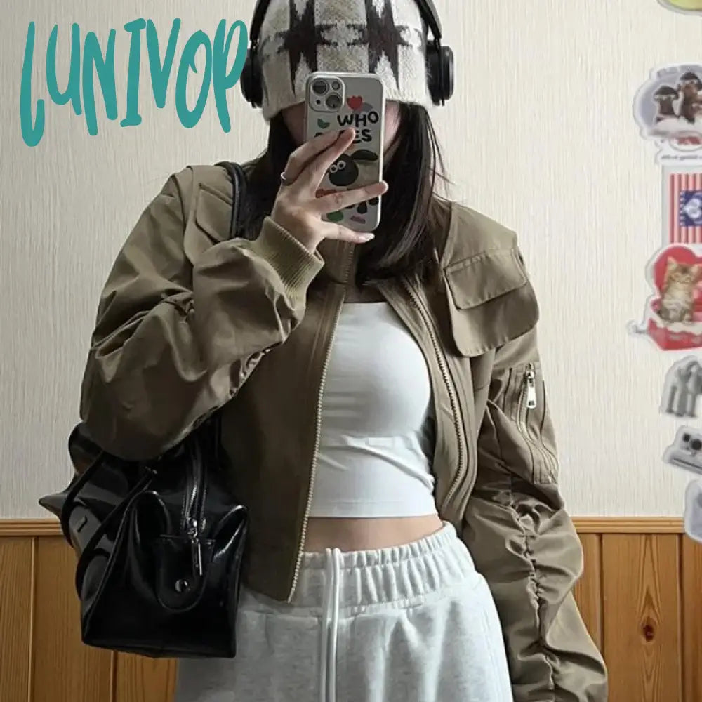 Lunivop Y2k Vintage Cropped Bomber Jacket Women Harajuku Streetwear Korean Fashion Oversized Short Jackets Track Coats Hippie Mesh Jacket Canvas Jacket Denim Jacket