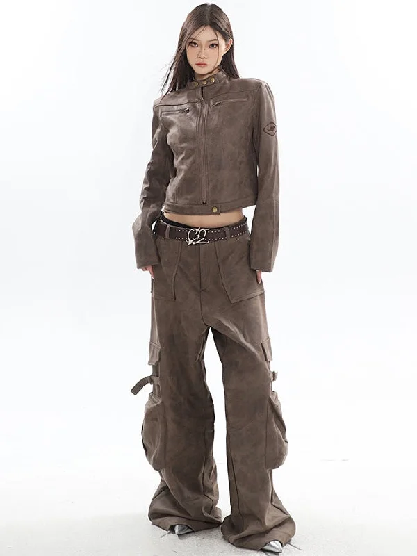 Natasha Washed Leather Zip Up Multi-Zipper Long Sleeve Jacket + High Waist Straight Leg Multi Pocket Cargo Long Baggy Pants Matching Set Satin Fabric Silk Fabric Chiffon Fabric