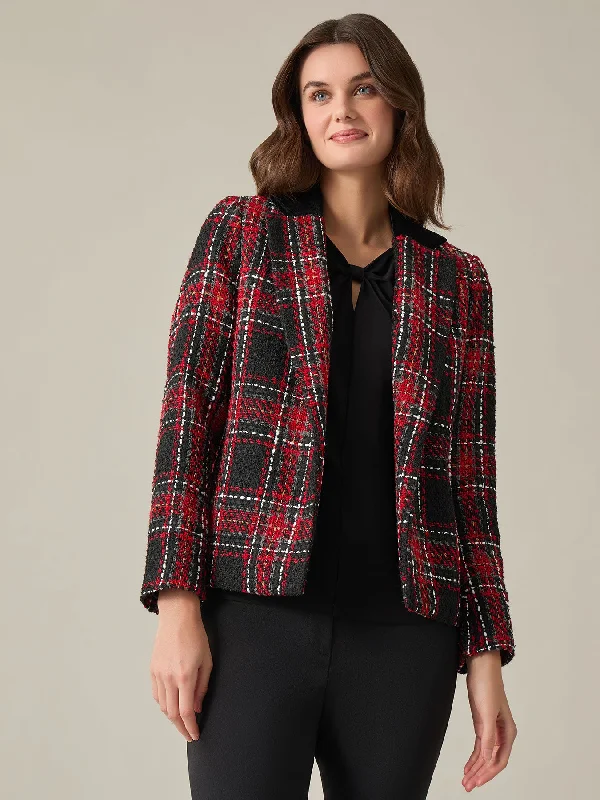 Petite Velvet Notch Collar Jacket, Plaid Tweed Faux Fur Jacket Real Fur Jacket Shearling Jacket