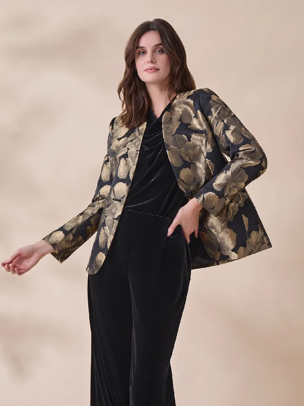 Printed Collarless Jacket, Jacquard Welt Pockets Slit Pockets Flap Pockets