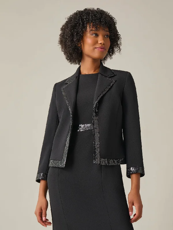 Sequin Trim Jacket, Iconic Stretch Crepe Notch Collar Peter Pan Collar Cowl Neck