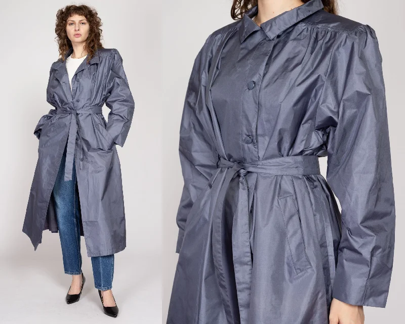 XL 80s Shiny Slate Grey Belted Trench Rain Jacket Faux Fur Jacket Real Fur Jacket Shearling Jacket