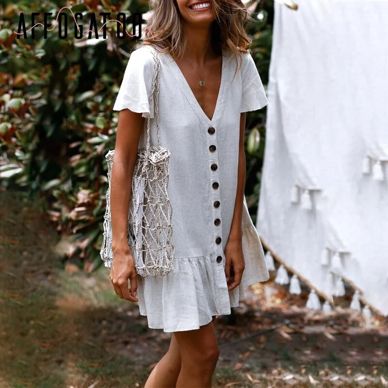 Affogatoo Casual v-neck summer cotton linen dress women Ruffle buttons loose mini dress Holiday beach shift dresses ladies 2019 Stylish Ribbed Mini Dress