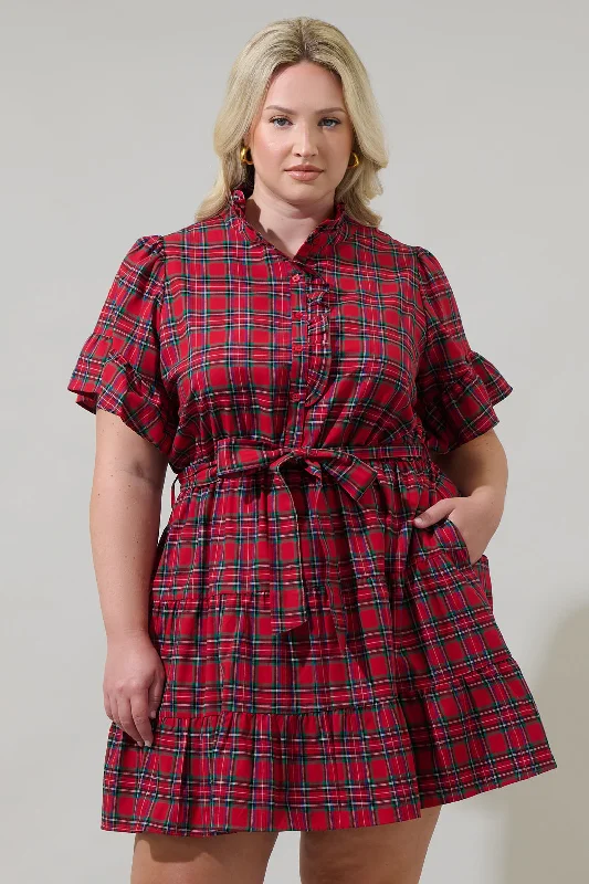 Arvada Plaid Cottonwood Ruffle Button Down Mini Dress Curve Fashionable Pleated Mini Dress