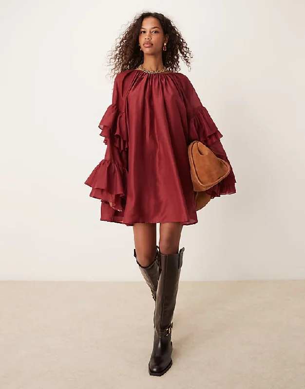 Frill sleeve voile mini dress in burgundy Fashionable Mini Dress with Frills