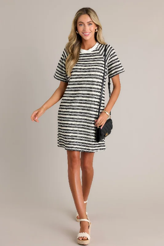 Classic Comfort Black Stripe Knit Mini Dress Fashionable Mini Dress with Pockets