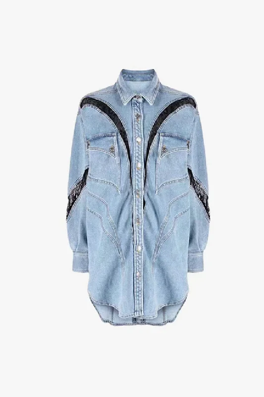 Cowboy Collared Button Down Oversized Paneled Lace Denim Mini Dress Trendy Tulle Mini Dress