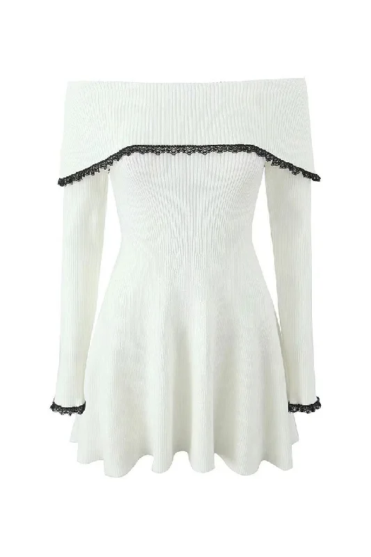 Elegant Contrast Lace Foldover Off Shoulder Ribbed Knit Sweater Mini Dress Casual Button-Up Mini Dress