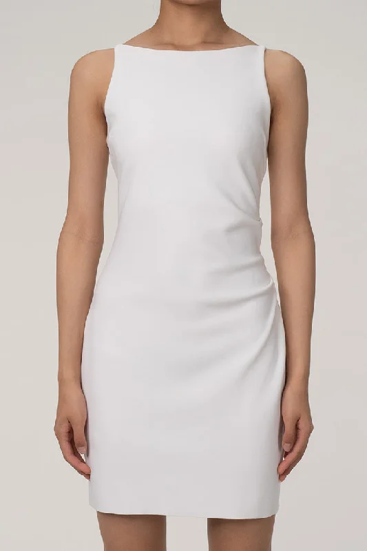 Elegant High Boat Neck Sleeveless Bodycon Mini Dress - White Trendy Crossover Mini Dress