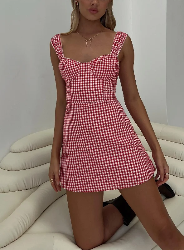 Faubert Mini Dress Red Gingham Trendy Mesh Mini Dress