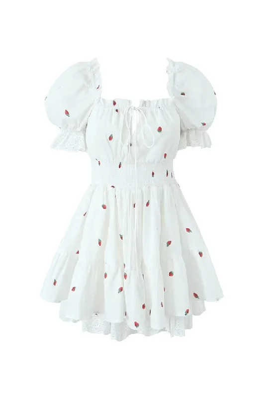 Girlish Strawberry Print Tie Neck Smock Waist Summer Lace Tiered Mini Dress Classic Floral Mini Dress