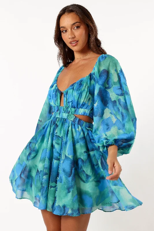 Katniss Long Sleeve Mini Dress - Blue Floral Comfortable Boho Mini Dress