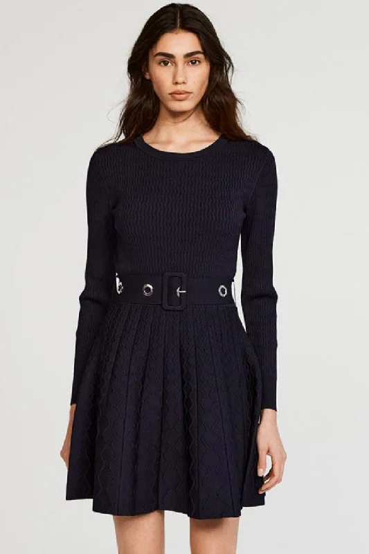 Long Sleeve Ribbed Sweater Winter Skater Mini Dress - Navy Blue Stylish Button-Down Mini Dress