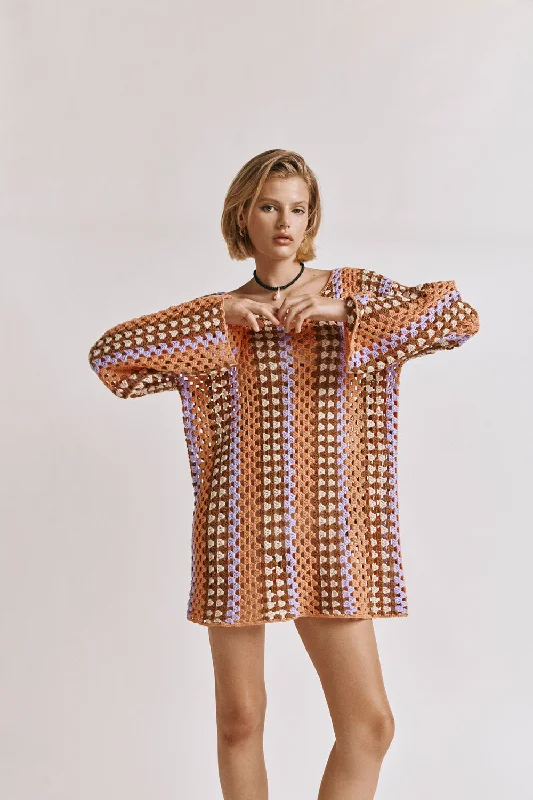 Myra Crochet Mini Dress Apricot Cozy Knit Mini Dress