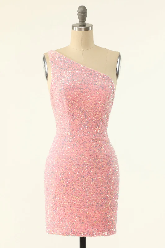 One Shoulder Pink Sequin Bodycon Mini Dress Comfortable Ruffle Mini Dress