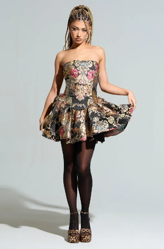 PURE ROYALTY BROCADE MINI DRESS Stylish Floral Print Mini Dress