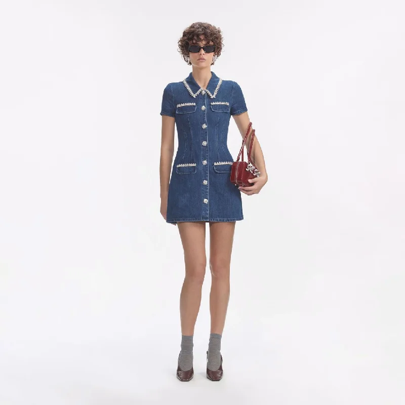 Denim Collared Mini Dress Trendy A-Line Mini Dress