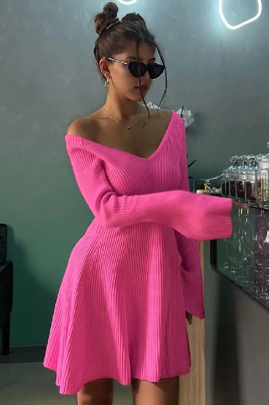 Sexy Deep V Neck Long Sleeve A Line Ribbed Knit Winter Party Mini Dress - Hot Pink Elegant Satin Mini Dress