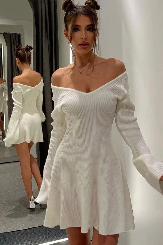 Sexy Deep V Neck Long Sleeve A Line Ribbed Knit Winter Party Mini Dress - White Chic Puff Sleeve Mini Dress