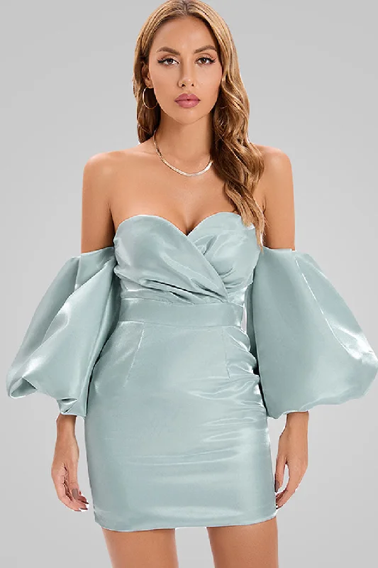 Silky Puff Sleeve Satin Off Shoulder Cocktail Mini Dress - Turquoise Chic Pleated Mini Dress