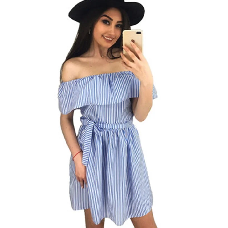 Slash Neck Sashes Striped A-line Dress Women Sexy Summer Beach Off Shoulder Mini Dresses Ladies Elegant Elastic Waist Dress New Chic Tropical Mini Dress