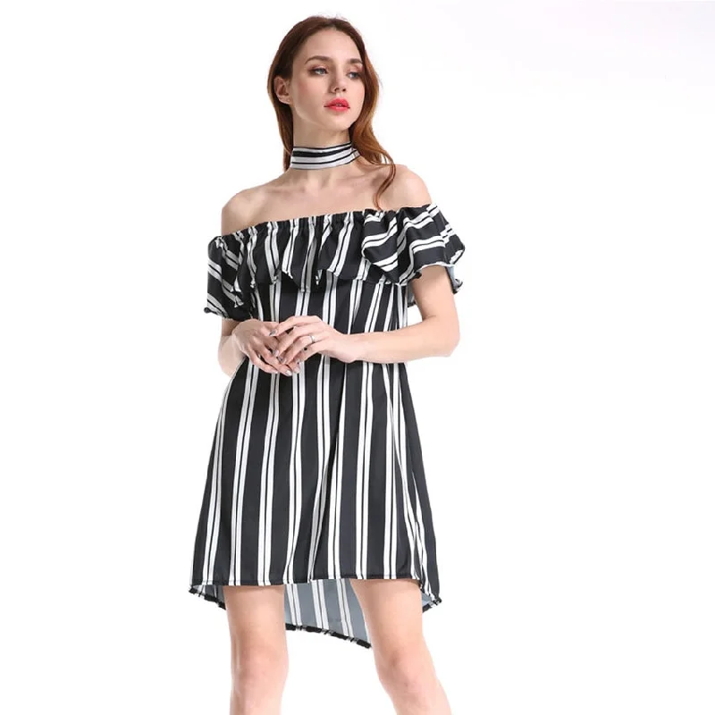 Slash Neck Striped Ruffles Belt A-line Mini Dress Sexy Off Shoulder Loose Dresses Summer Ladies Fashion Elegant Dress Plus Size Fashionable Button-Front Mini Dress