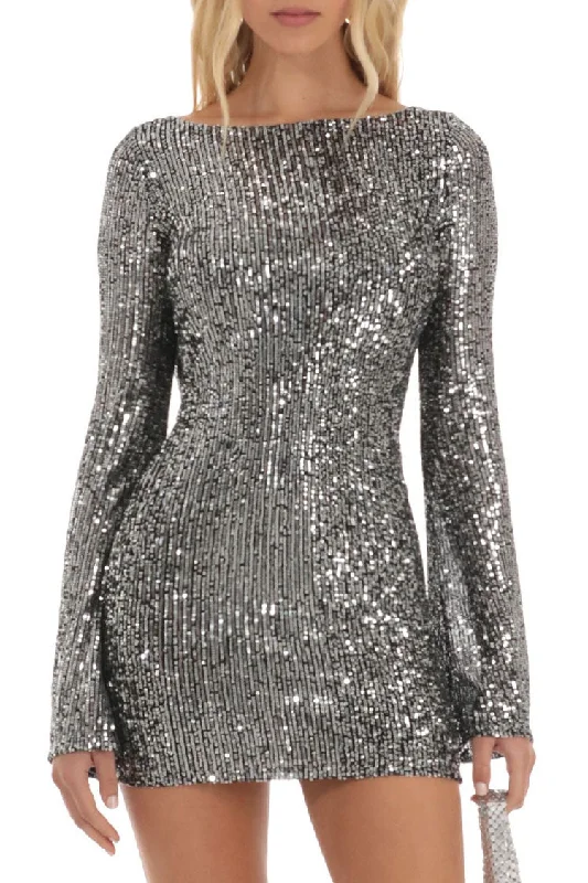 Sparkly Draped Backless Bell Sleeve Bodycon Sequin Party Mini Dress - Gray Elegant Mini Dress with Ruffles