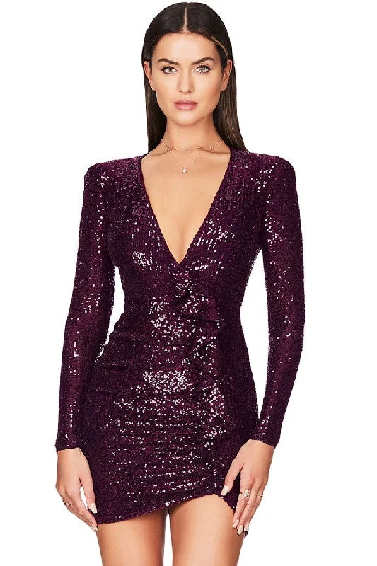 Sparkly Galaxy Long Sleeve Ruffle Deep V Sequin Mini Dress - Burgundy Chic Halter Mini Dress