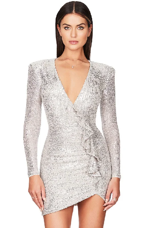 Sparkly Galaxy Long Sleeve Ruffle Deep V Sequin Mini Dress - Silver Chic Halter Mini Dress