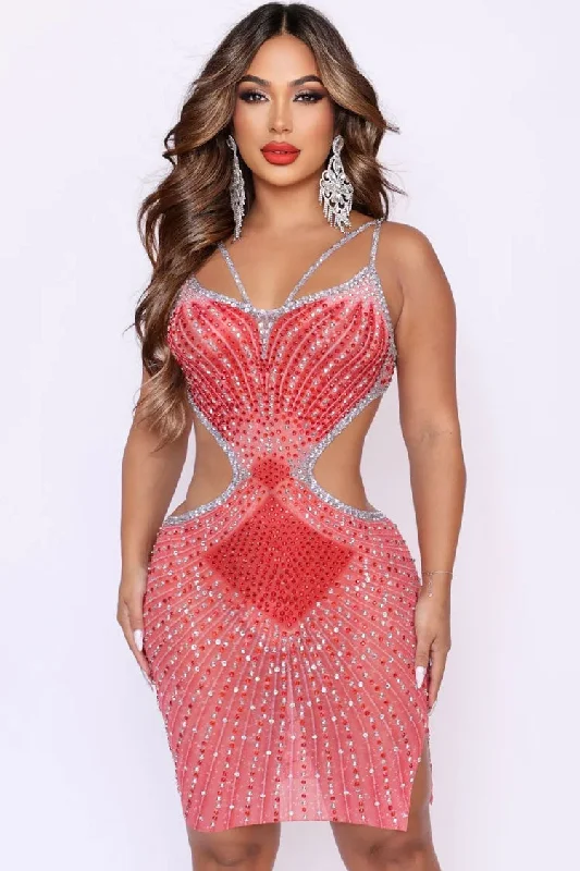 Sparkly Rhinestone V Neck Sheer Mesh Cutout Party Mini Dress - Red Elegant Satin Lace Mini Dress