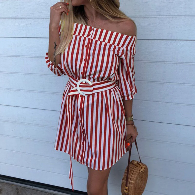 Striped Slash Neck Sashes Mini Dress Casual Half Sleeve Loose Dresses Summer Ladies Fashion Breathable Dress Beach Style New Cozy Cowl Neck Mini Dress