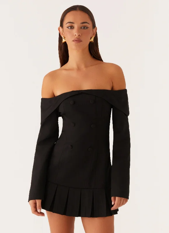 Tarlisha Off Shoulder Long Sleeve Mini Dress - Black Classic Solid Mini Dress