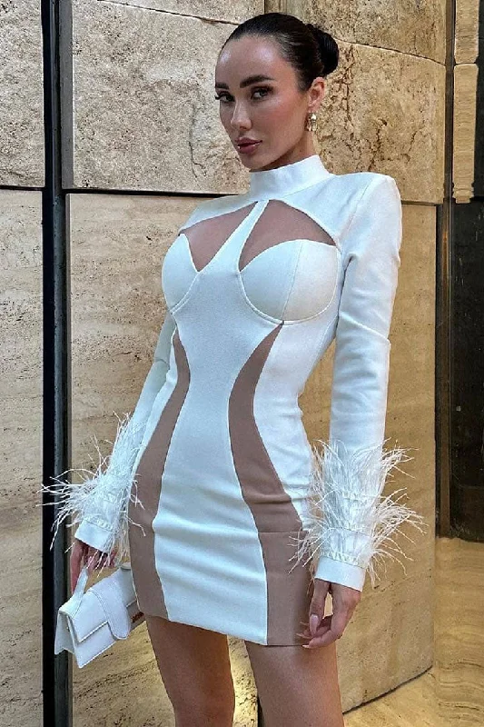 Unique High Neck Feather Trim Long Sleeve Contrast Bandage Mini Dress - White Trendy Lace Mini Dress