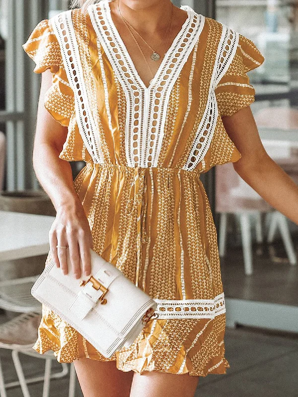 Women Bohemian Yellow Print Ruffled Mini Dress Elegant Mini Dress with Pleats