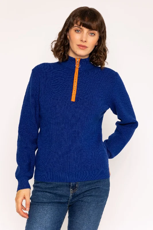 1/4 Zip Placket Contrast Knit Jumper in Cobalt Blue Machine Wash Dry Clean Hand Wash