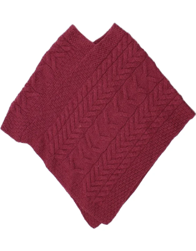 ARAN Womens Poncho Jumper One Size Burgundy Merino Wool Spandex Blend Rayon Blend Denim Blend