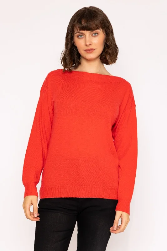 Boat Neck Knit Jumper in Red Machine Wash Dry Clean Hand Wash