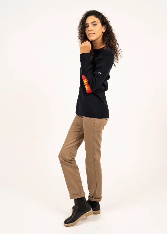 Brégançon Normandy jumper - in wool, with contrasting elbow patches (NAVY/MULTICO) Turtle Neck Boat Neck Asymmetrical Neck