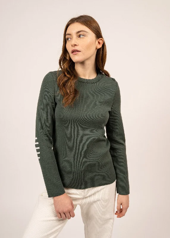 Bregançon plain sailor jumper - striped elbow patches, in wool (VEGETAL) Cable Knit Ribbed Knit Lace Knit