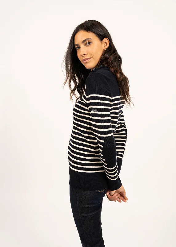 Bregançon striped sailor jumper - solid elbow patches, in wool (NAVY/ECUME) Stylish Fashionable Trendy