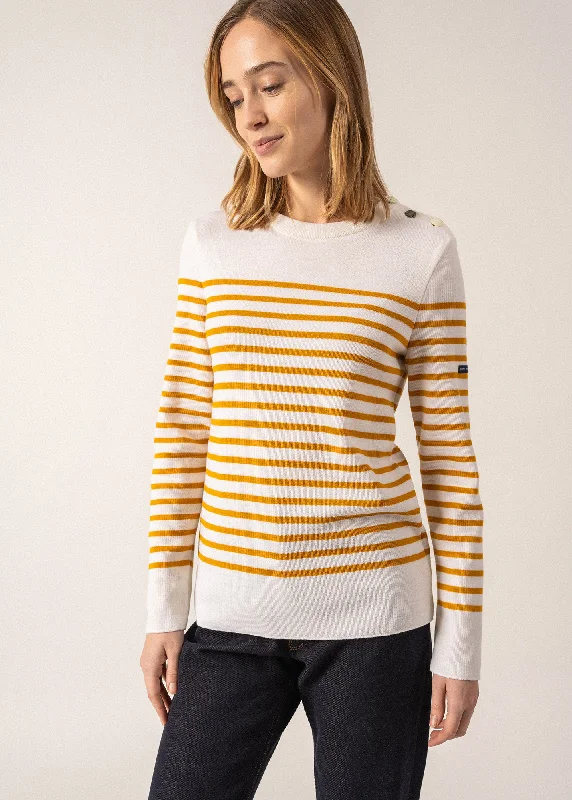 Brégançon striped sailor jumper - with contrasting elbow patches (BLANC/AMBRE/JEAN) Open Front Closed Front Wrap Front