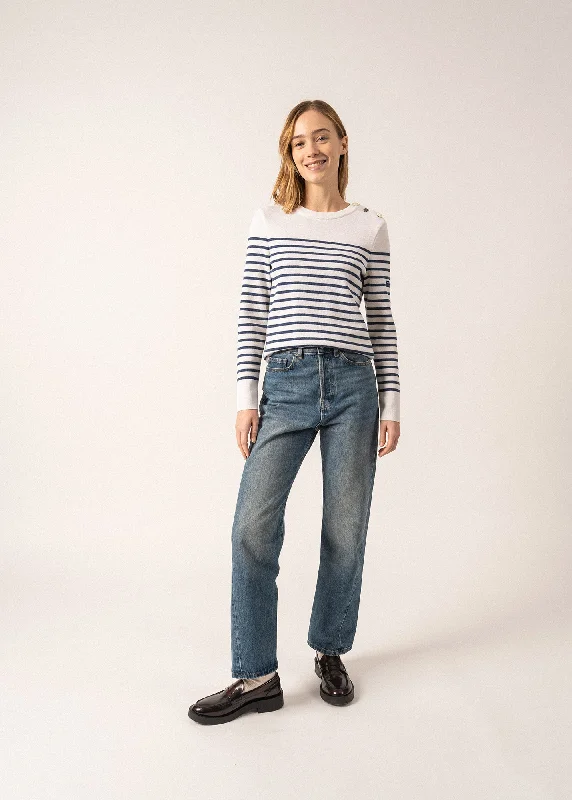 Brégançon striped sailor jumper - with contrasting elbow patches (BLANC/JEAN/DOLY) Soft Cozy Warm