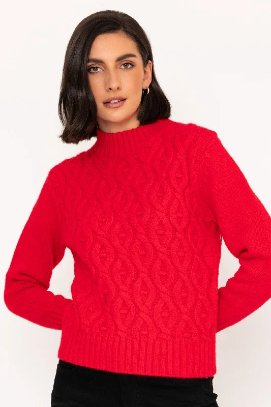 Cosy Cable Knit Jumper in Red Notch Collar Peter Pan Collar Cowl Neck