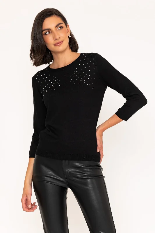 Crew Neck Knit Jumper in Black Stretchy Elastic Breathable