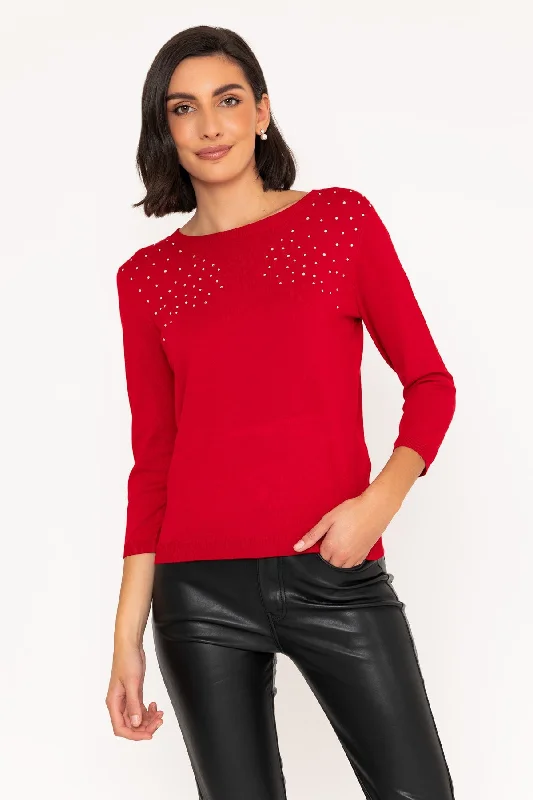 Crew Neck Knit Jumper in Red Houndstooth Herringbone Solid