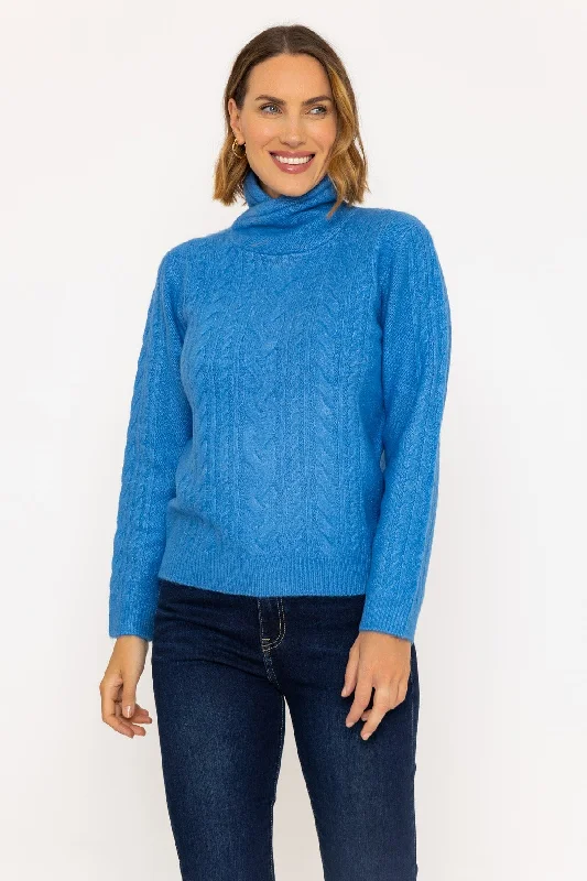 Funnel Neck Knit Jumper in Blue Cotton Fabric Linen Fabric Terry Fabric