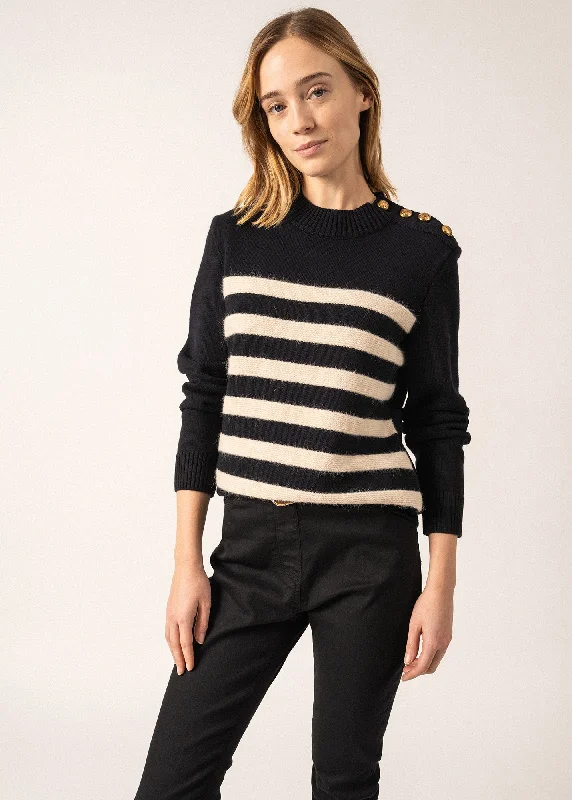 Gala Striped Sailor-inspired Jumper - with golden buttons (NAVY/ECUME) Chenille Blend Fleece Blend Nylon Blend