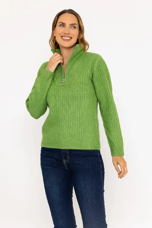 Green Cable Sleeve Knit Jumper with 1/4 Zip Detail Lightweight Heavyweight Midweight