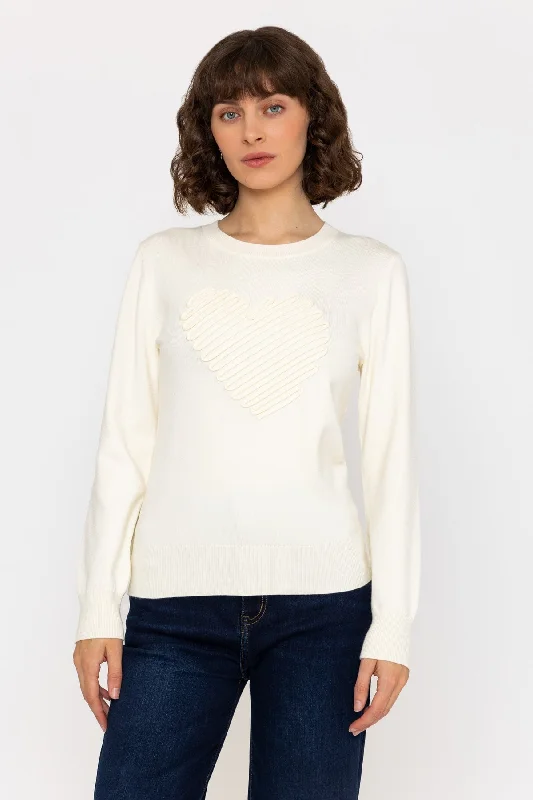 Heart Motif Knit Jumper in Ivory Welt Pockets Slit Pockets Flap Pockets