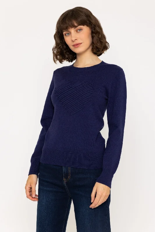 Heart Motif Knit Jumper in Navy Boat Neck Shawl Collar Notched Collar